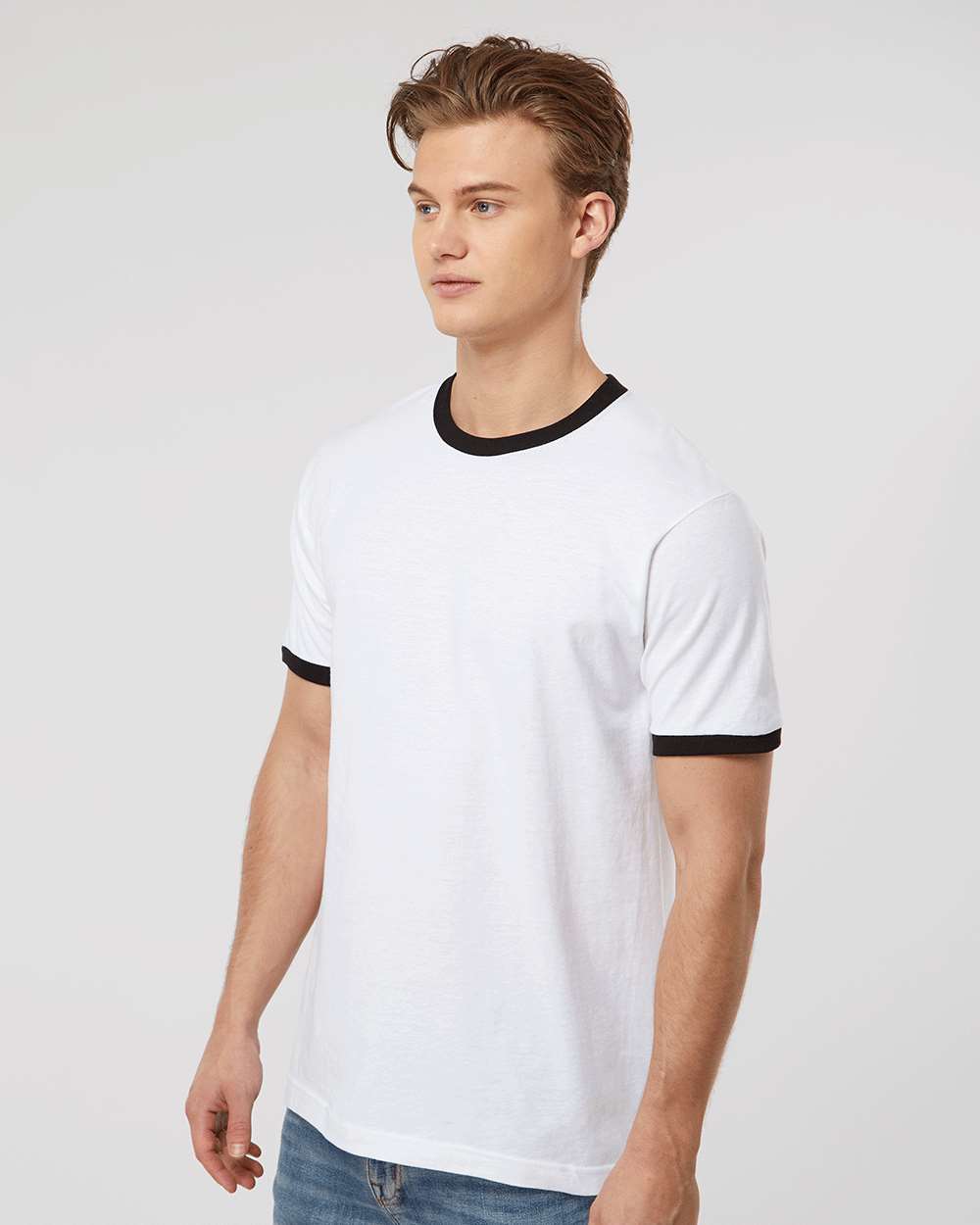 Unisex Fine Jersey Ringer T-Shirt - OnModelSide - B30459132 - White/ Black