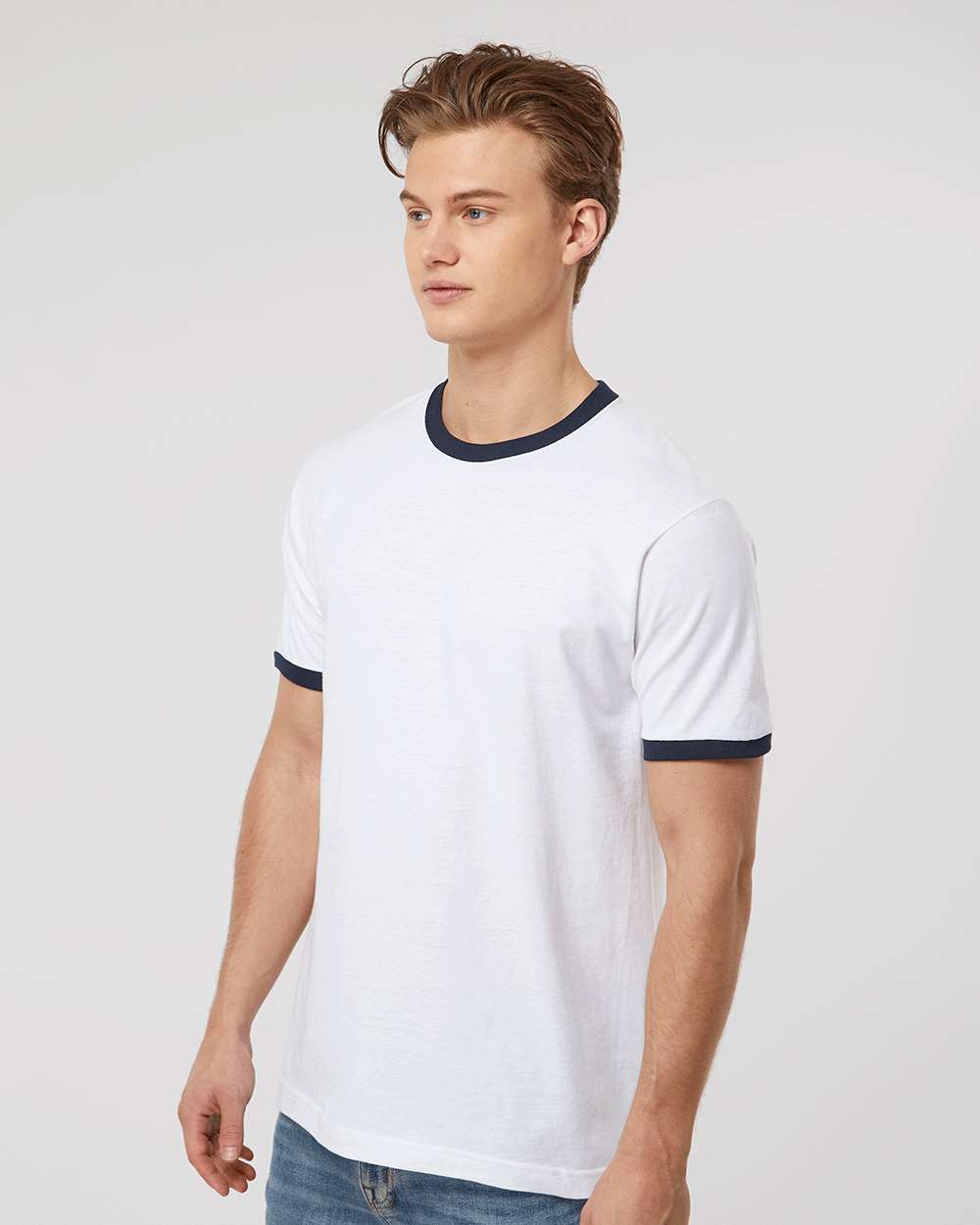 Unisex Fine Jersey Ringer T-Shirt - OnModelSide - B30459142 - White/ Navy