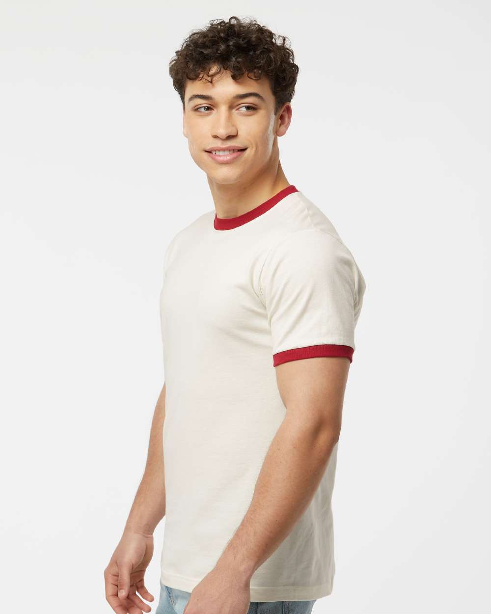 Unisex Fine Jersey Ringer T-Shirt - OnModelSide - B30459242 - Vintage White/ Rio Red