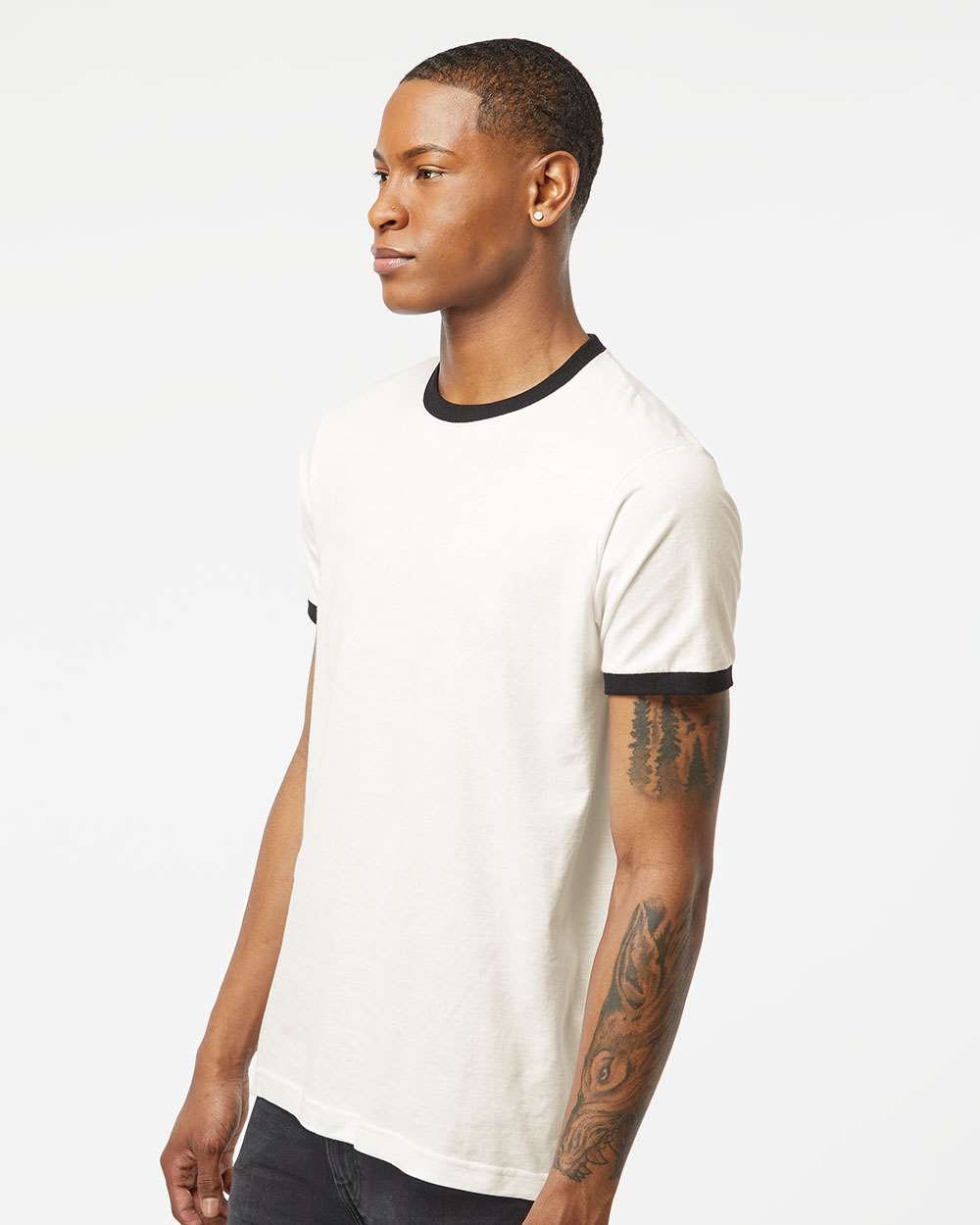 Unisex Fine Jersey Ringer T-Shirt - OnModelSide - B30459502 - Vintage White/ Black
