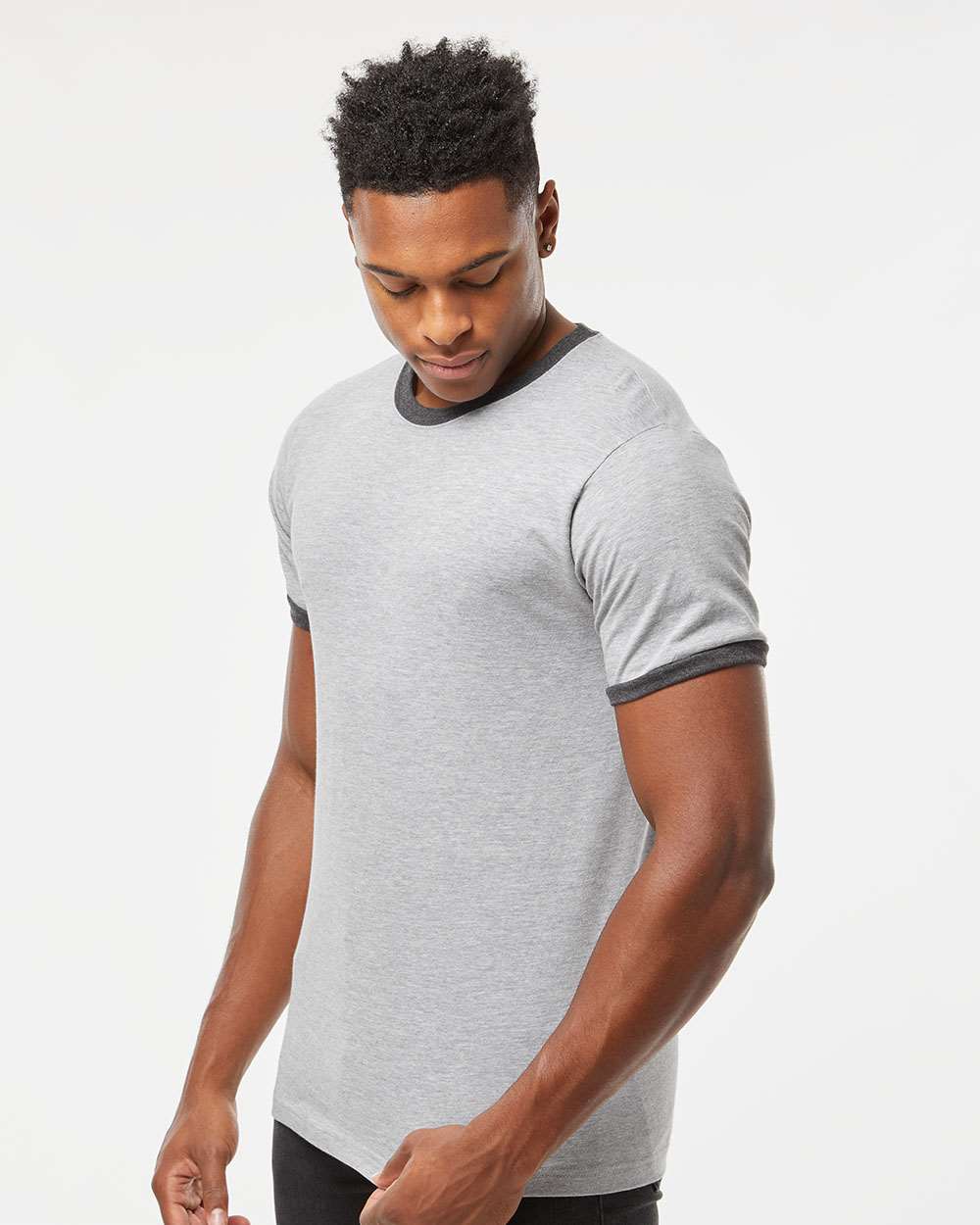 Unisex Fine Jersey Ringer T-Shirt - OnModelSide - B30459582 - Heather Grey/ Heather Charcoal