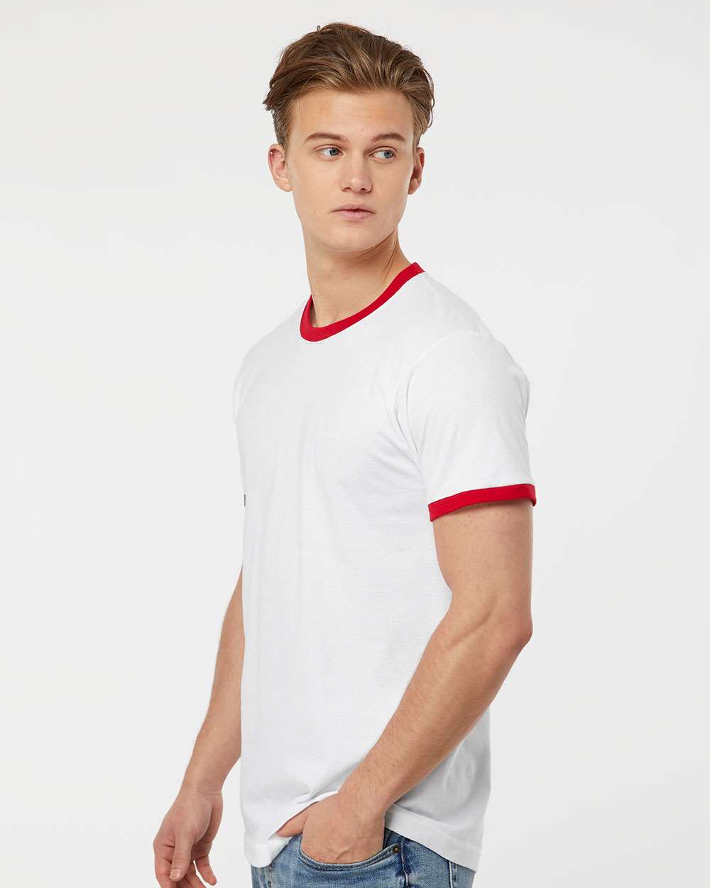 Unisex Fine Jersey Ringer T-Shirt - OnModelSide - B30459702 - White/ Red
