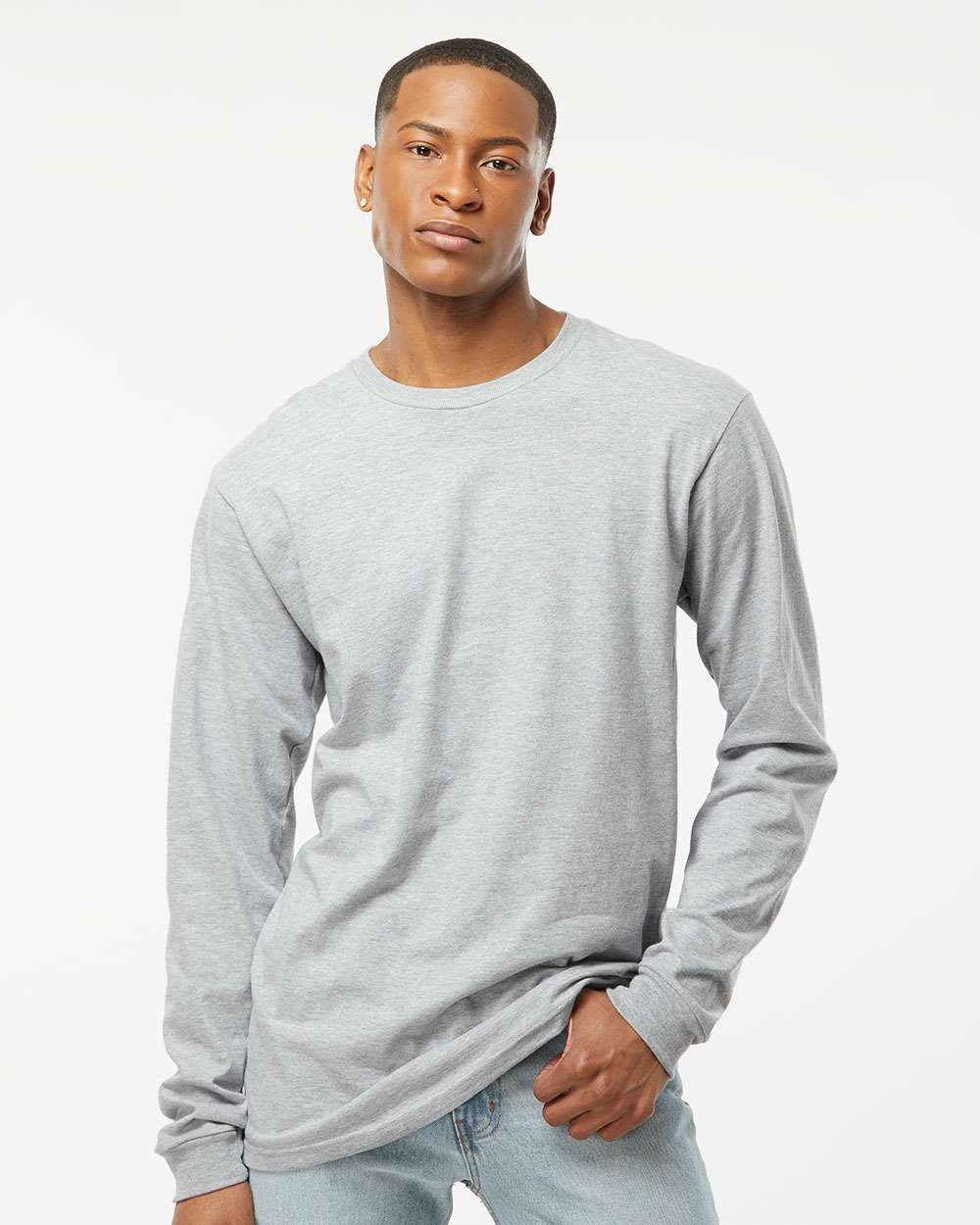 Unisex Heavyweight Jersey Long Sleeve T-Shirt - OnModelFront - B31059102 - Heather Grey