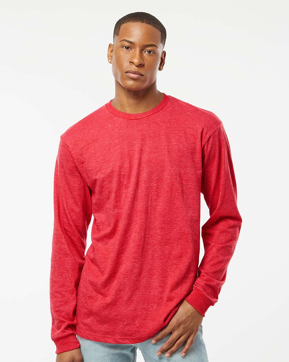 Unisex Heavyweight Jersey Long Sleeve T-Shirt - OnModelFront - B31059113 - Heather Red