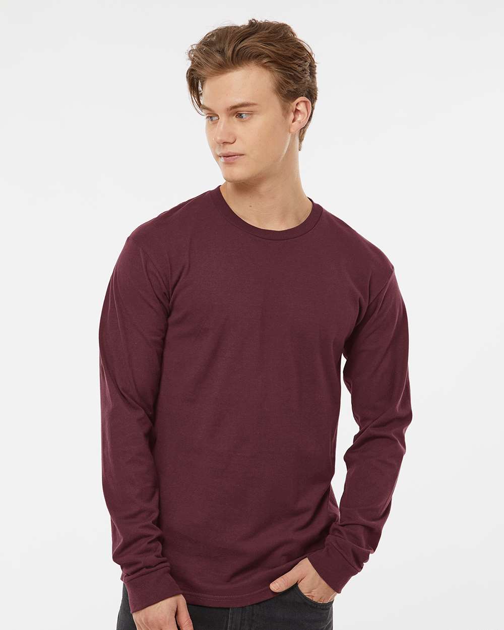 Unisex Heavyweight Jersey Long Sleeve T-Shirt - OnModelFront - B31059703 - Burgundy