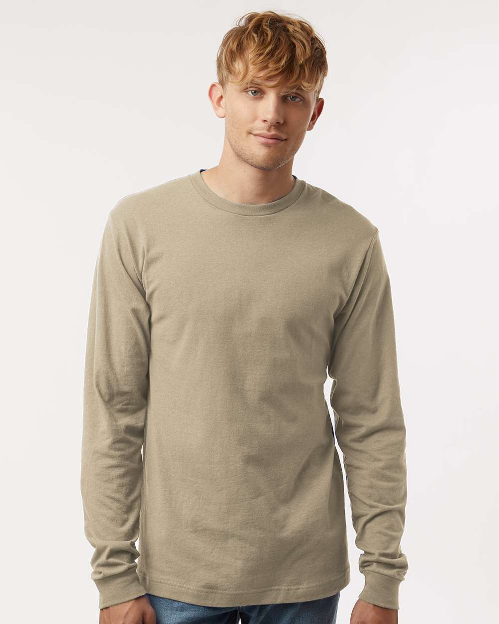 Unisex Fine Jersey Long Sleeve T-Shirt - OnModelFront - B00059102 - Sand