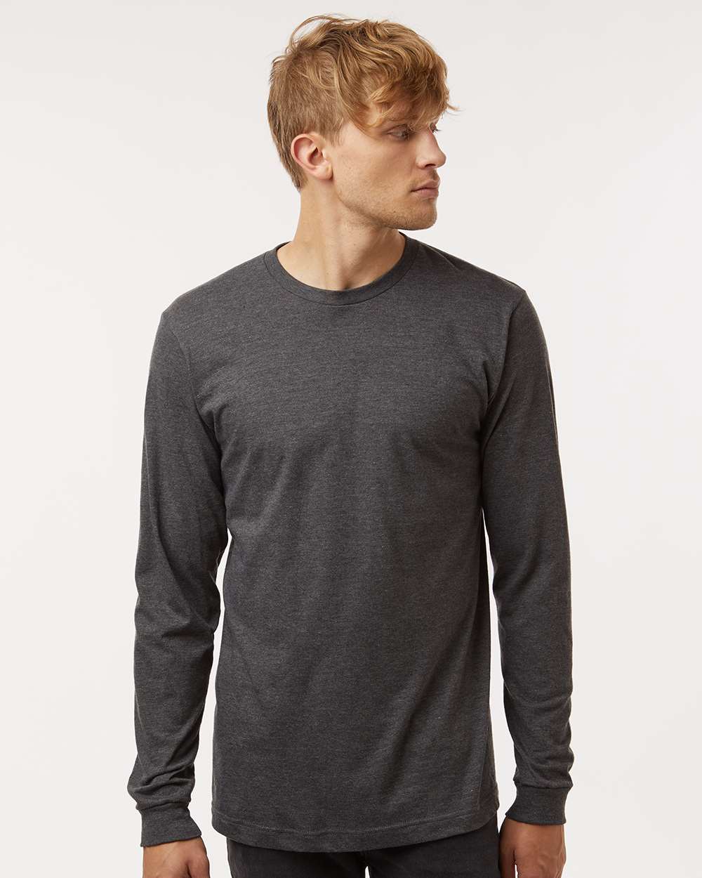 Unisex Fine Jersey Long Sleeve T-Shirt - OnModelFront - B00059132 - Heather Charcoal