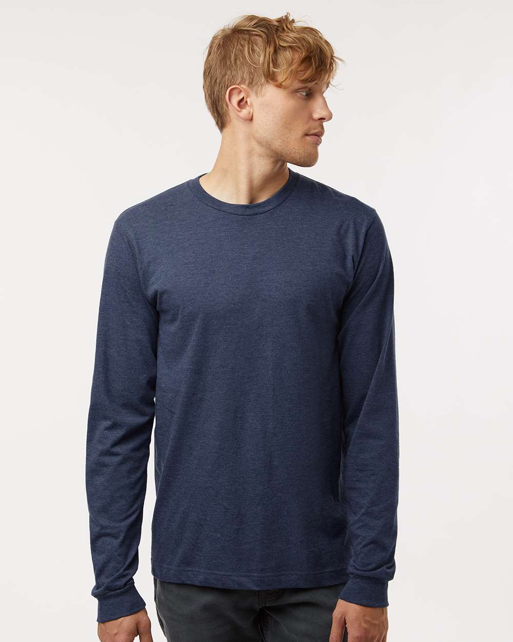 Unisex Fine Jersey Long Sleeve T-Shirt - OnModelFront - B00059142 - Heather Denim