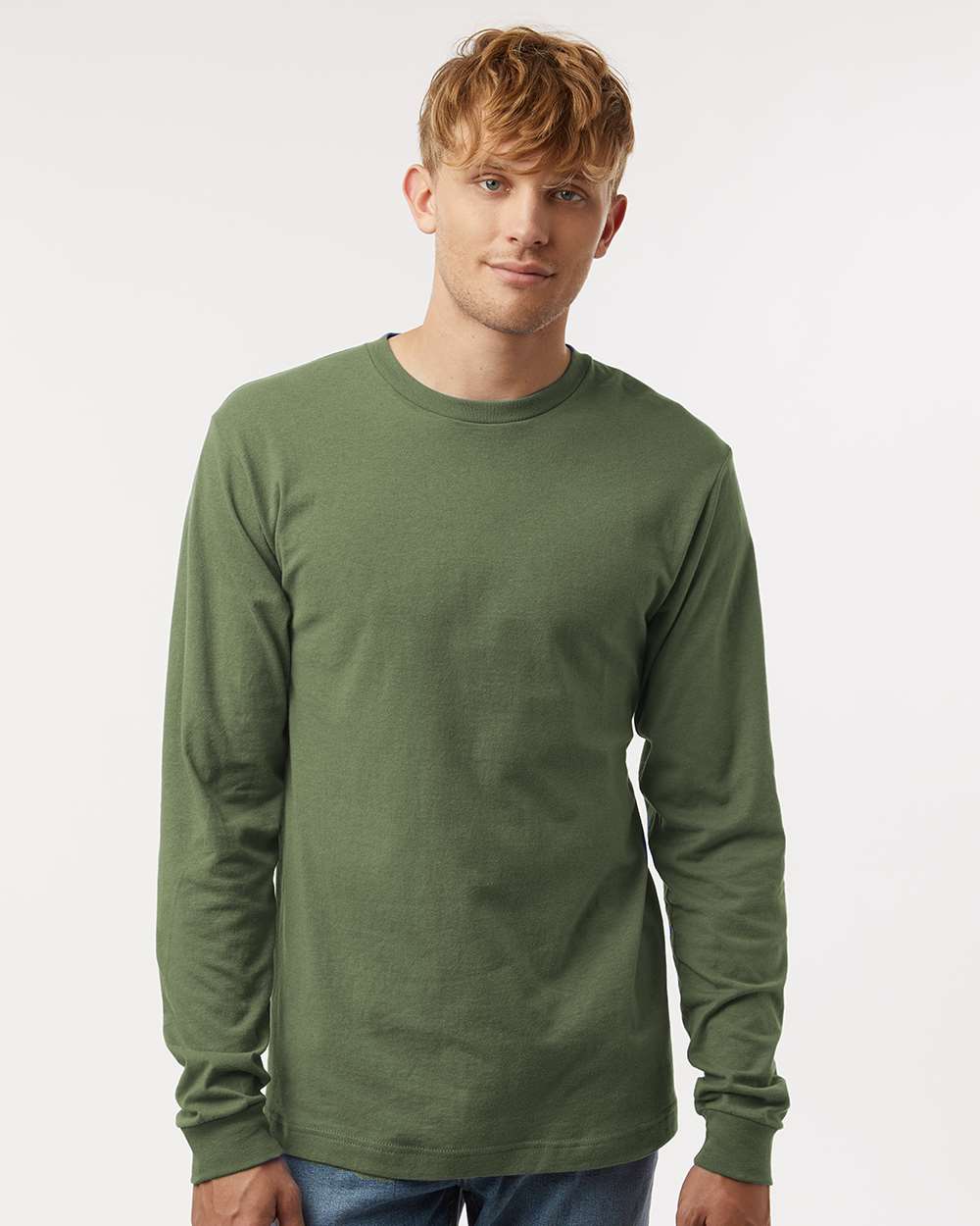 Unisex Fine Jersey Long Sleeve T-Shirt - OnModelFront - B00059212 - Military Green