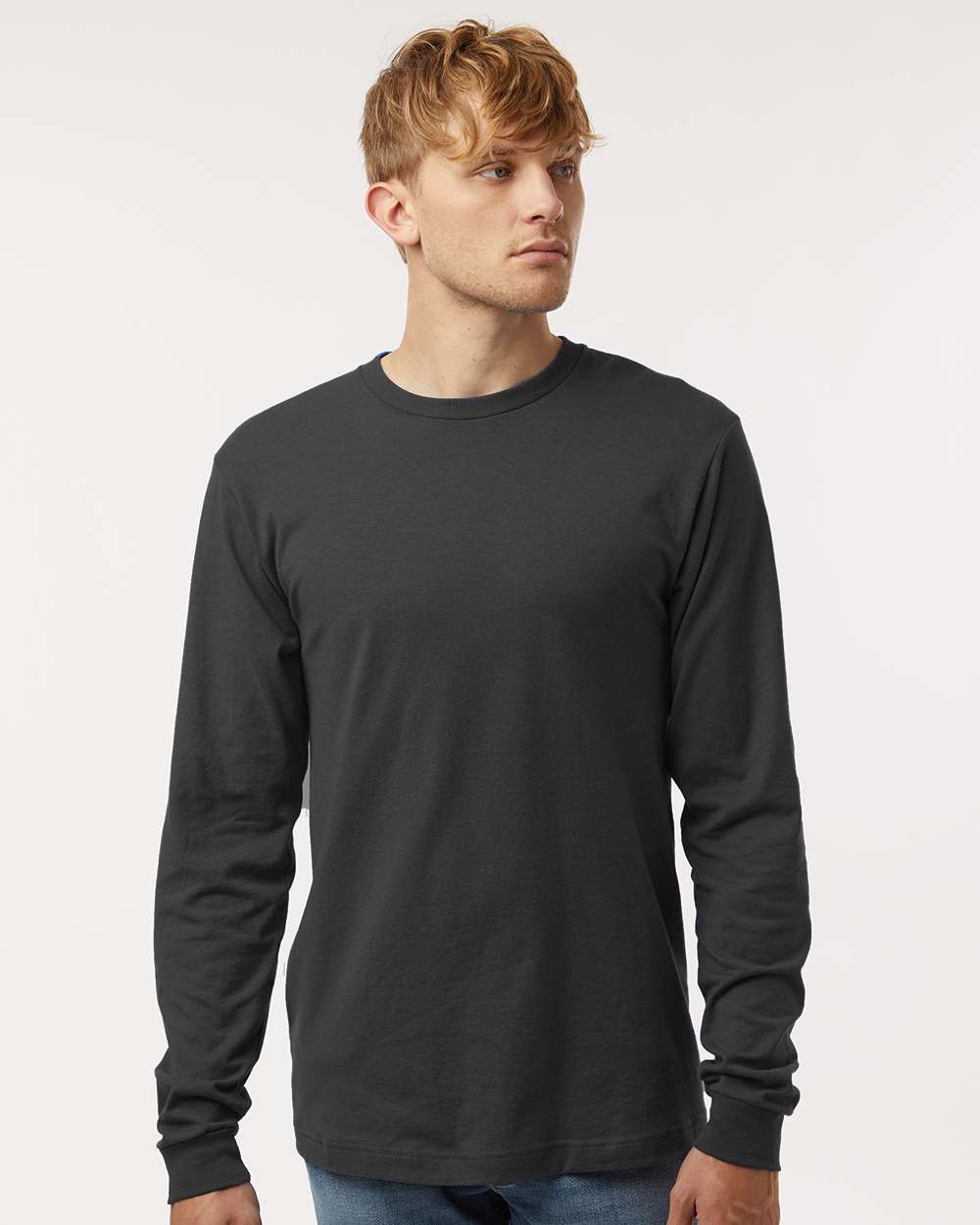 Unisex Fine Jersey Long Sleeve T-Shirt - OnModelFront - B00059592 - Charcoal