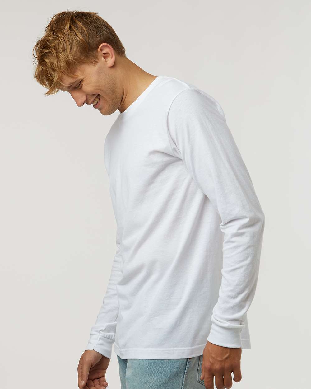 Unisex Fine Jersey Long Sleeve T-Shirt - OnModelSide - B00059002 - White