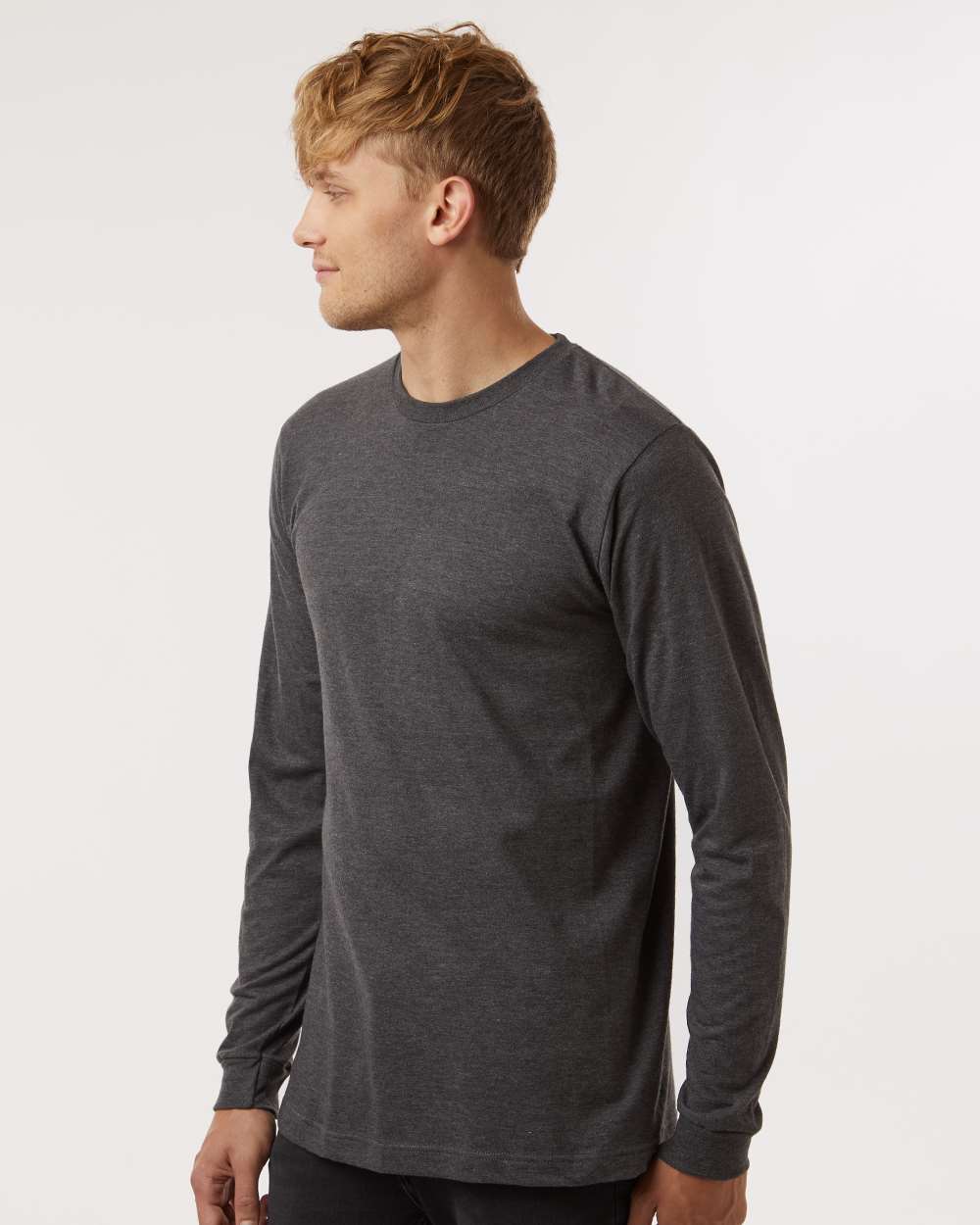 Unisex Fine Jersey Long Sleeve T-Shirt - OnModelSide - B00059132 - Heather Charcoal