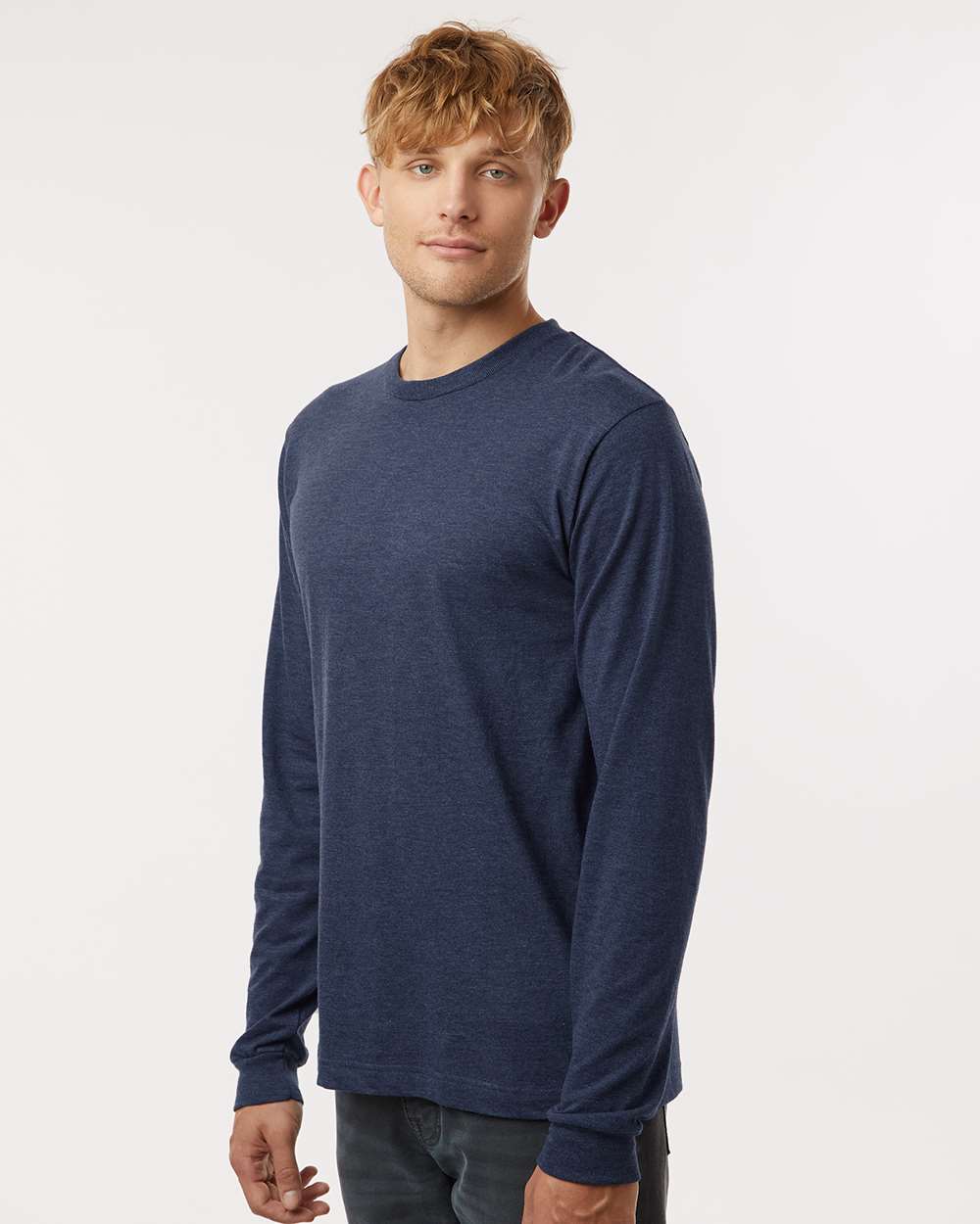 Unisex Fine Jersey Long Sleeve T-Shirt - OnModelSide - B00059142 - Heather Denim
