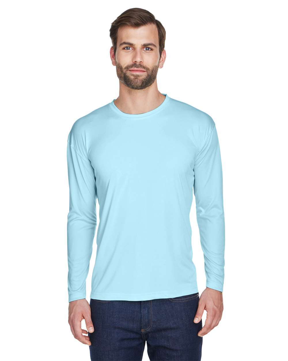 Men's Cool & Dry Sport Long Sleeve Performance Interlock T-Shirt - OnModelFront - B910E1373 - Ice Blue
