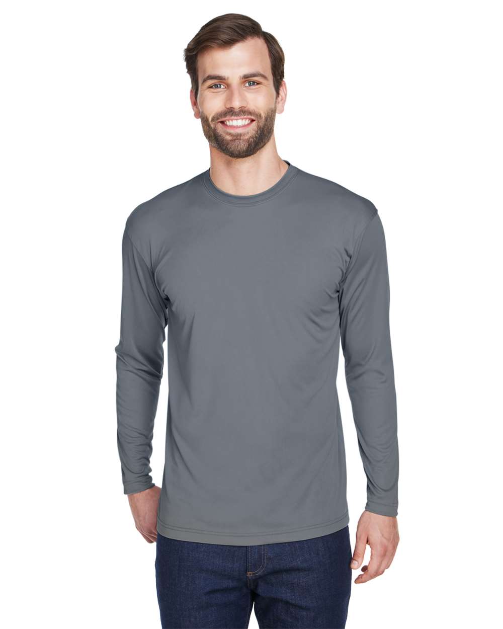 Men's Cool & Dry Sport Long Sleeve Performance Interlock T-Shirt - OnModelFront - B910E1622 - Charcoal