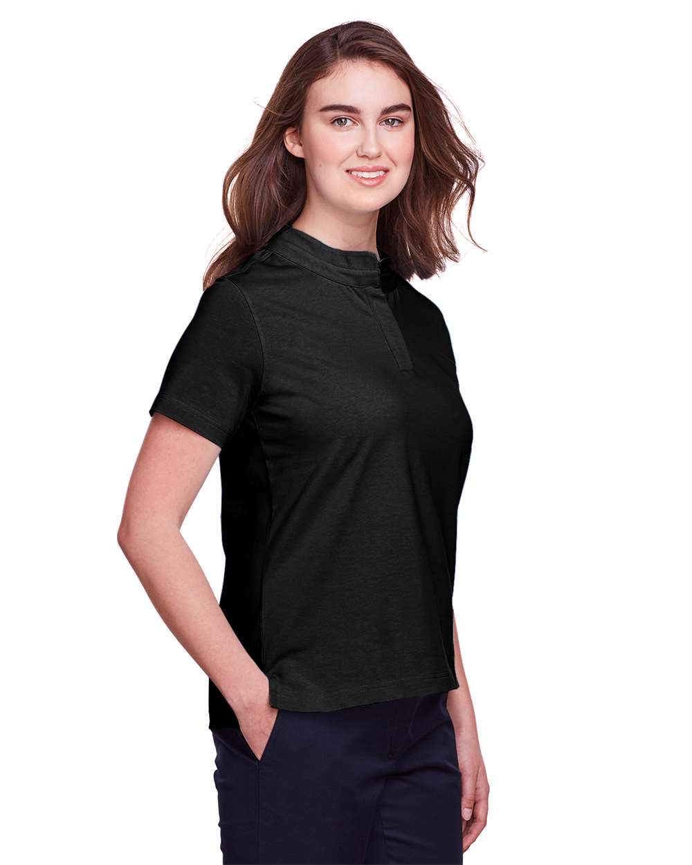 Women's Lakeshore Stretch Cotton Performance Polo - OnModelSide - B961E1502 - Black