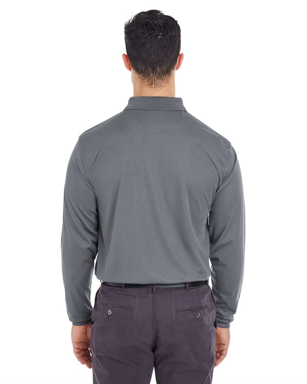 Men's Cool & Dry Long Sleeve Mesh Piqué Polo - OnModelBack - B885E1623 - Charcoal