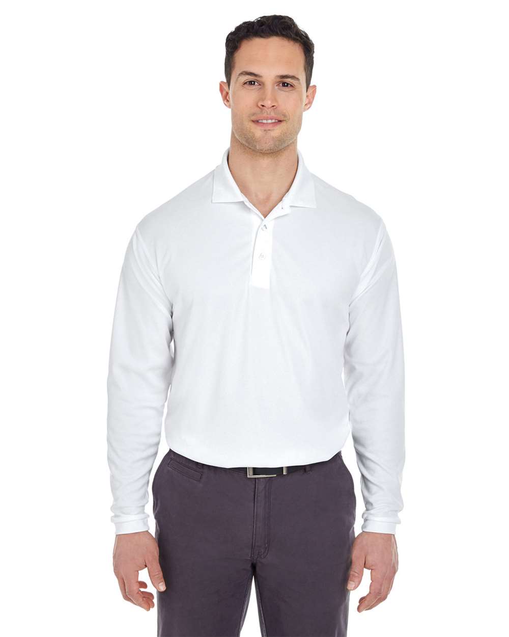 Men's Cool & Dry Long Sleeve Mesh Piqué Polo - OnModelFront - B885E1003 - White