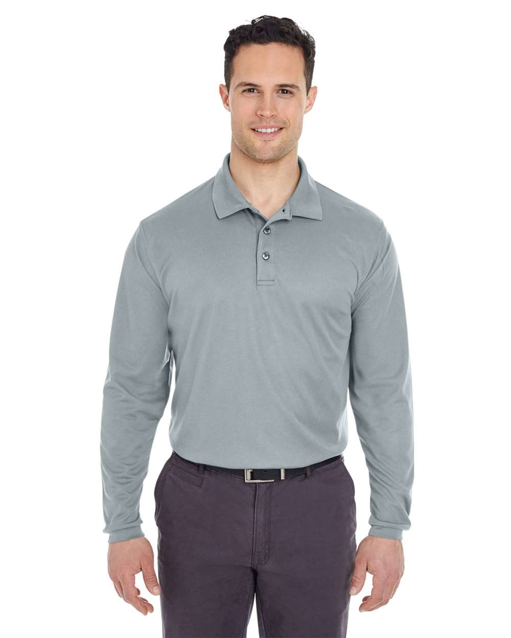 Men's Cool & Dry Long Sleeve Mesh Piqué Polo - OnModelFront - B885E1353 - Silver