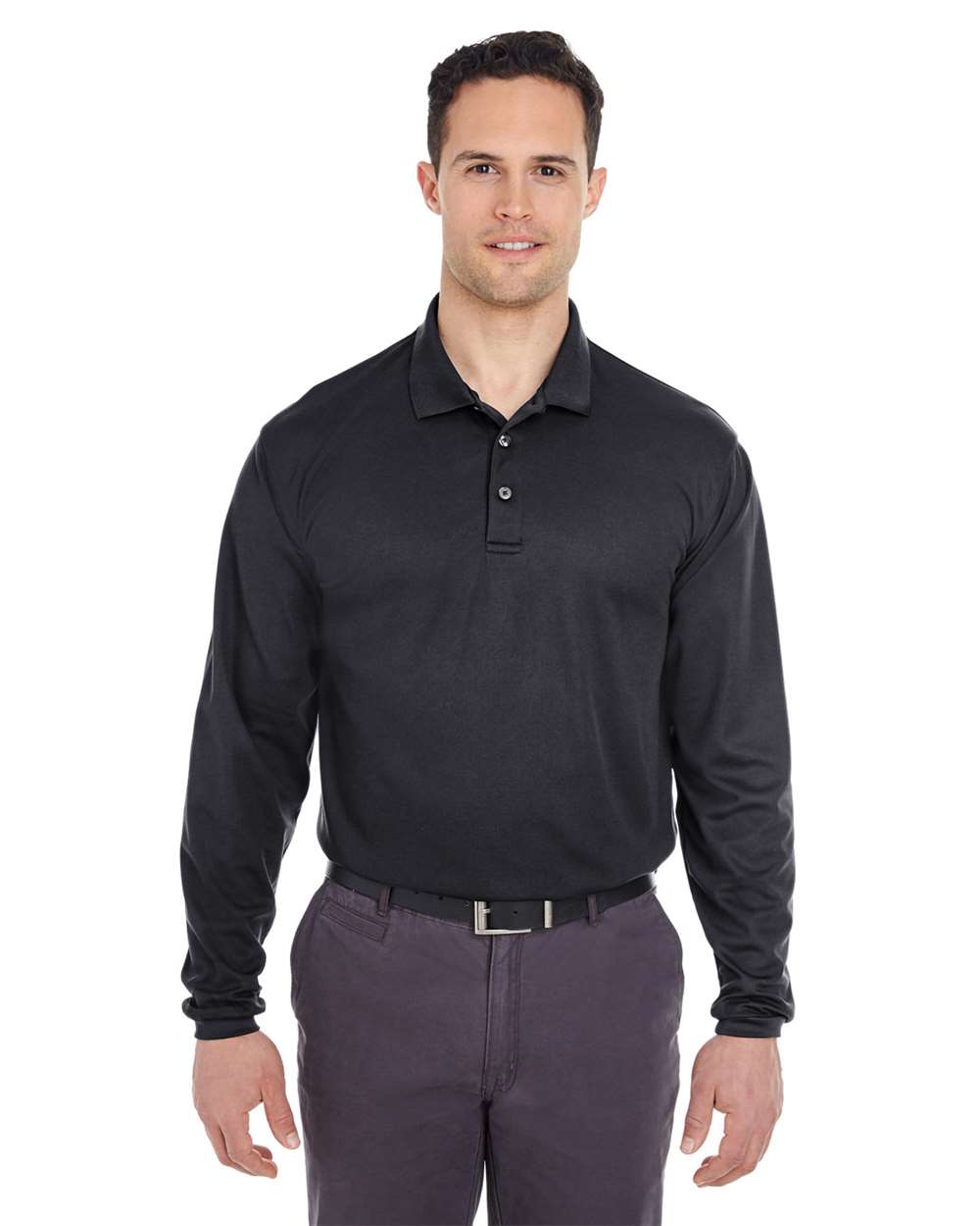 Men's Cool & Dry Long Sleeve Mesh Piqué Polo - OnModelFront - B885E1503 - Black