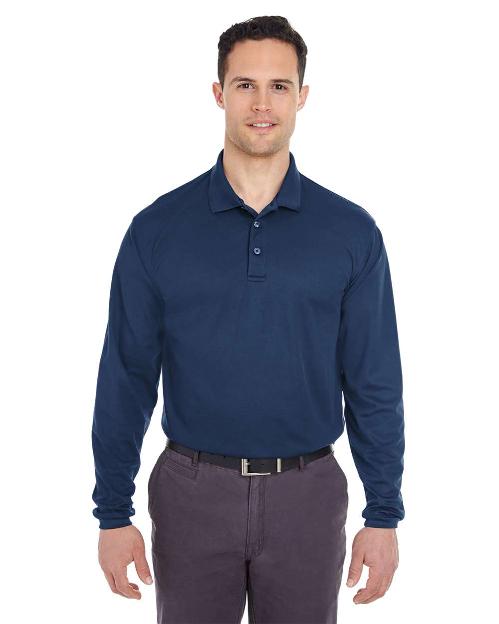 Men's Cool & Dry Long Sleeve Mesh Piqué Polo - OnModelFront - B885E1653 - Navy