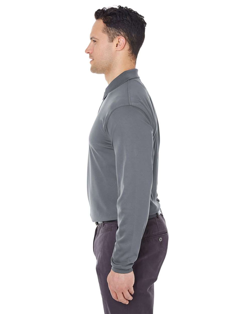 Men's Cool & Dry Long Sleeve Mesh Piqué Polo - OnModelSide - B885E1623 - Charcoal
