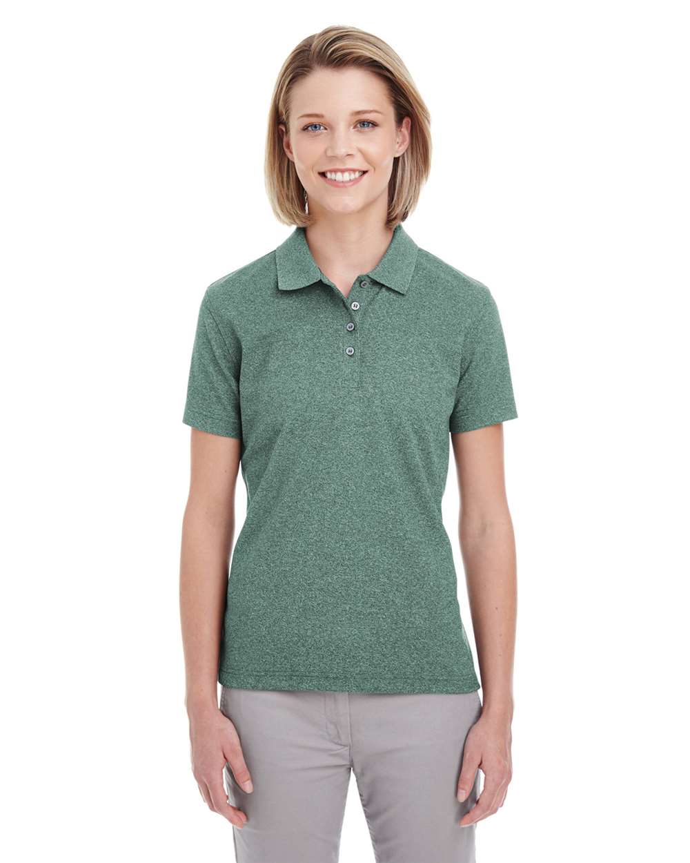 Women's Heathered Pique Polo - OnModelFront - B958E1542 - Forest Green Heather