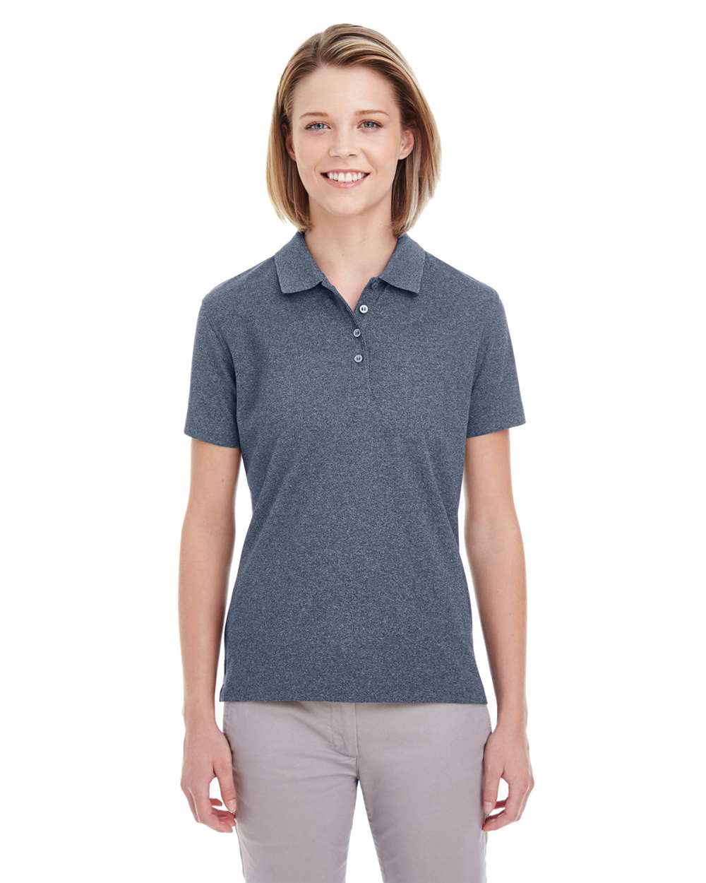 Women's Heathered Pique Polo - OnModelFront - B958E1652 - Navy Heather