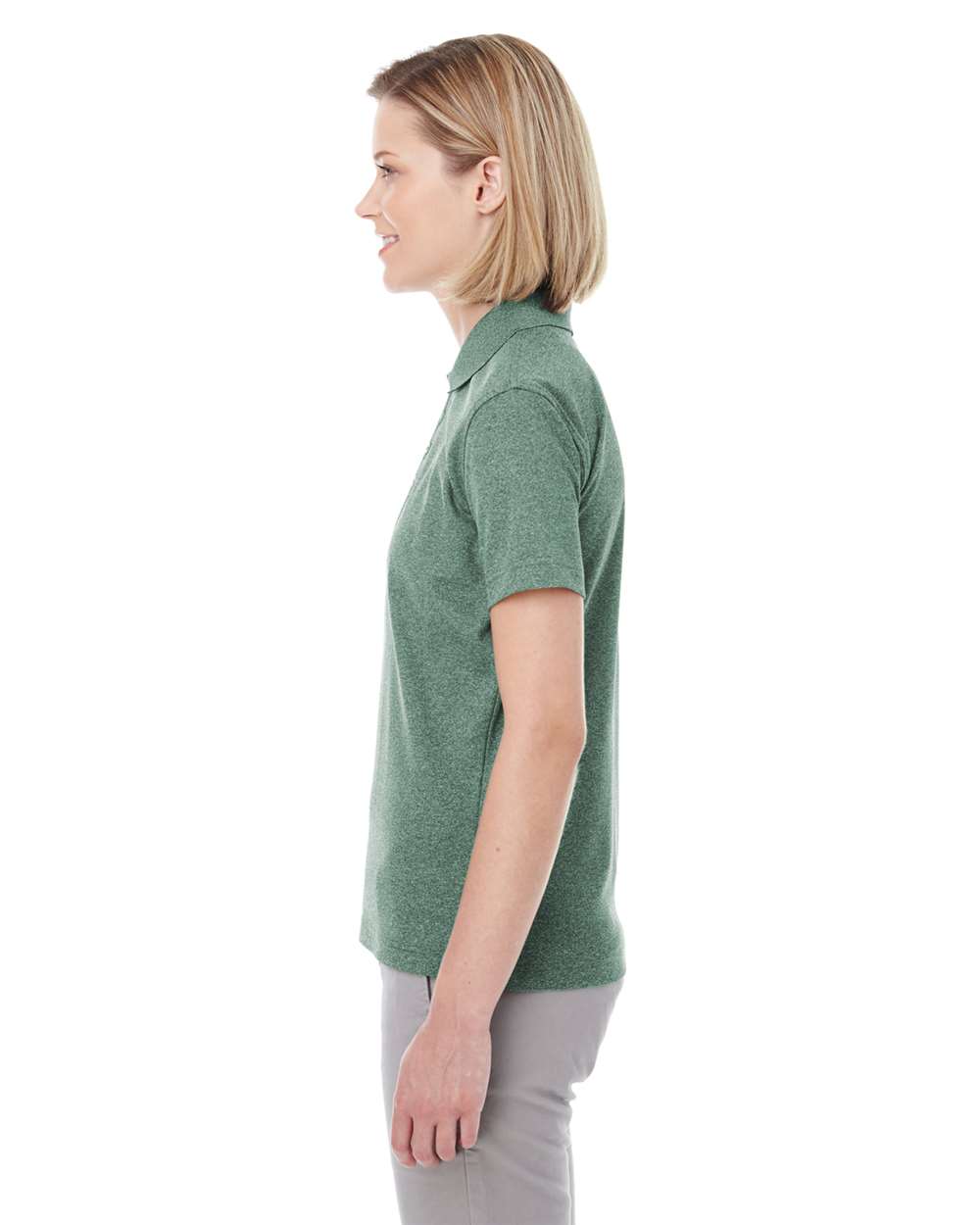Women's Heathered Pique Polo - OnModelSide - B958E1542 - Forest Green Heather