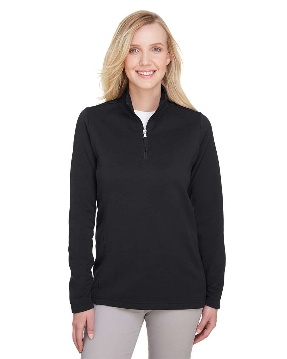 Women's Coastal Pique Fleece Quarter-Zip Pullover - OnModelFront - B970E1502 - Black