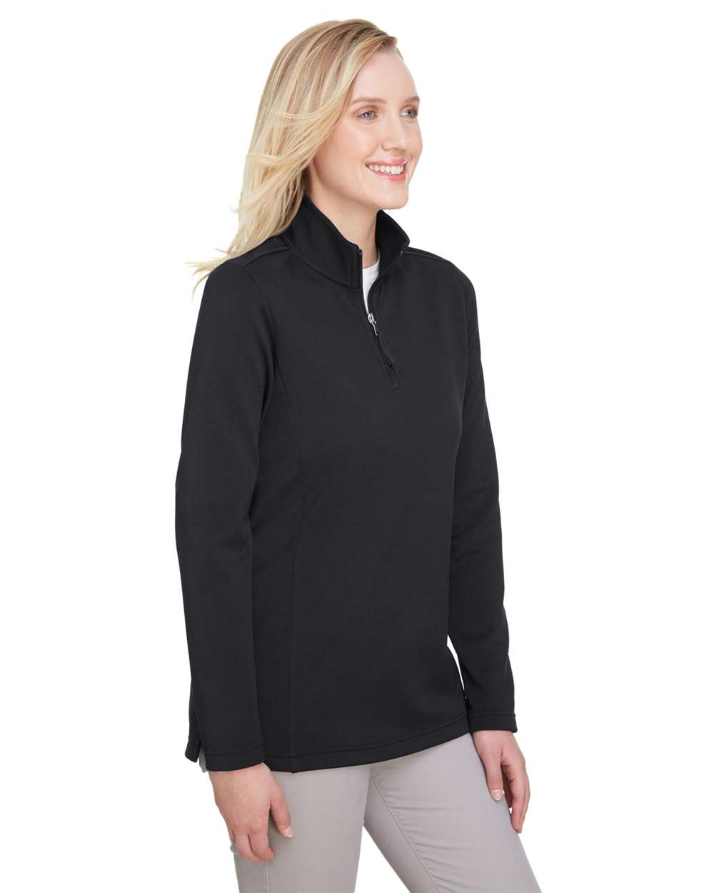 Women's Coastal Pique Fleece Quarter-Zip Pullover - OnModelSide - B970E1502 - Black