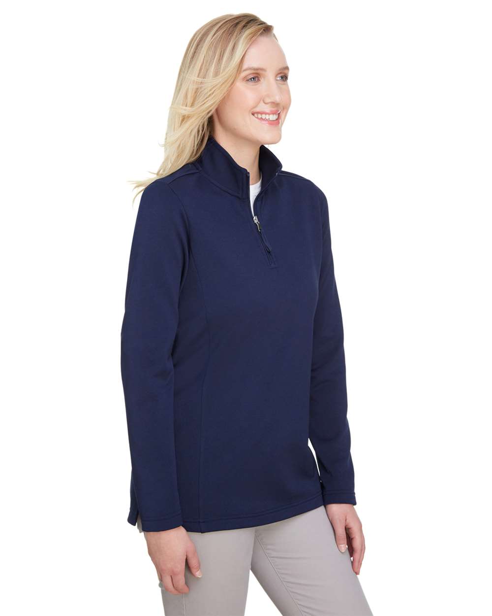 Women's Coastal Pique Fleece Quarter-Zip Pullover - OnModelSide - B970E1652 - Navy