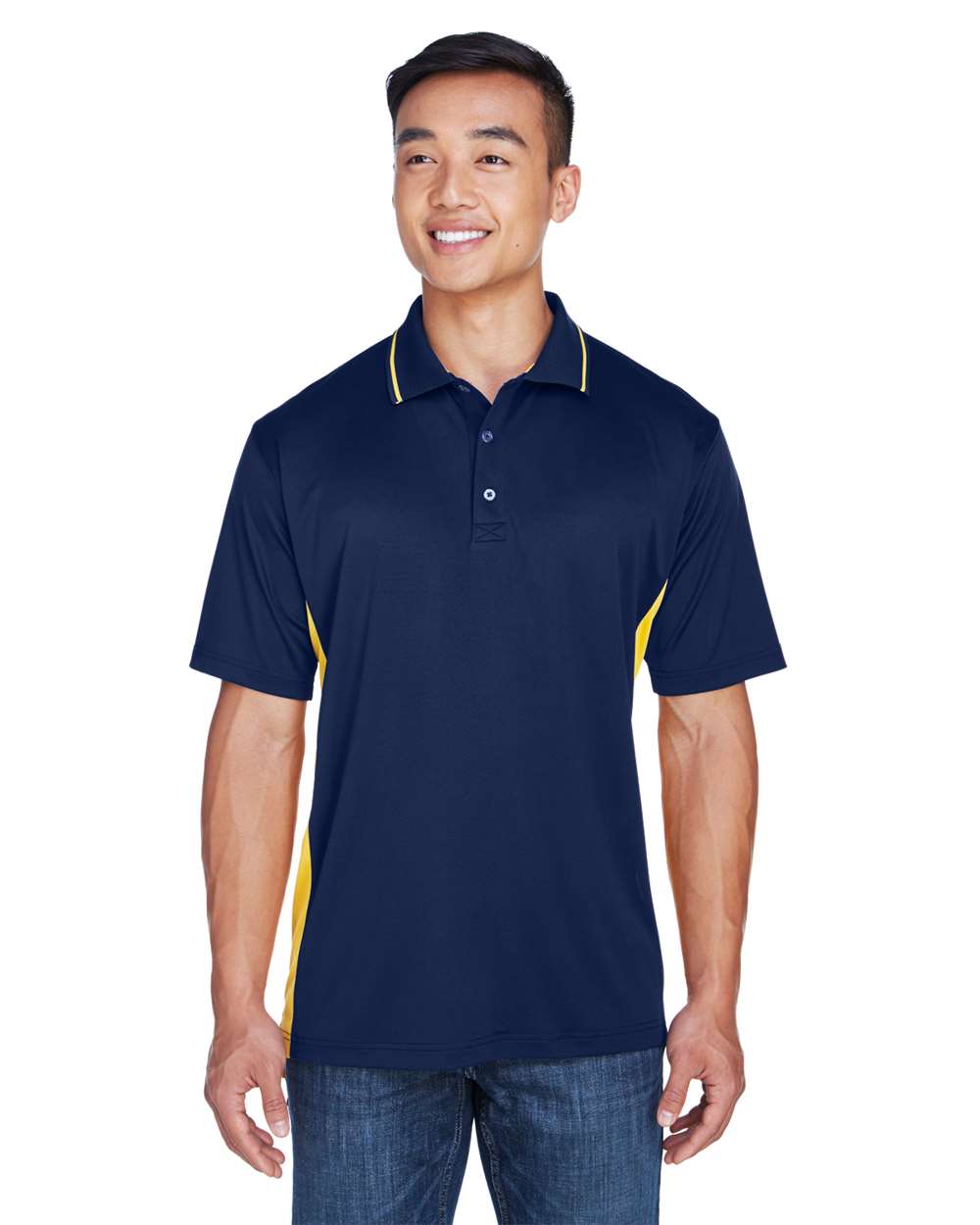 Men's Cool & Dry Sport Two-Tone Polo - OnModelFront - B901E1653 - Navy/ Gold