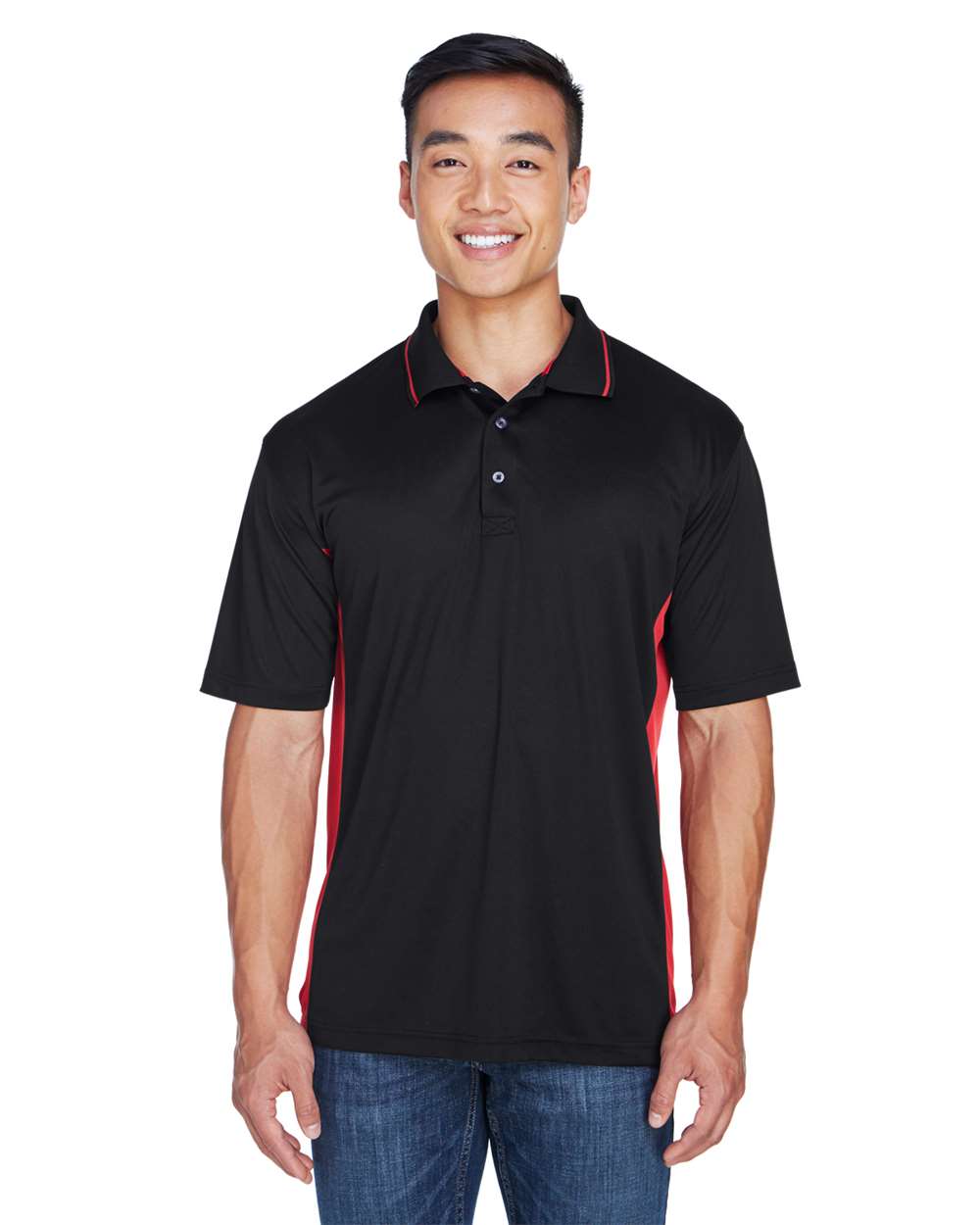 Men's Cool & Dry Sport Two-Tone Polo - OnModelFront - B901E1703 - Black/ Red