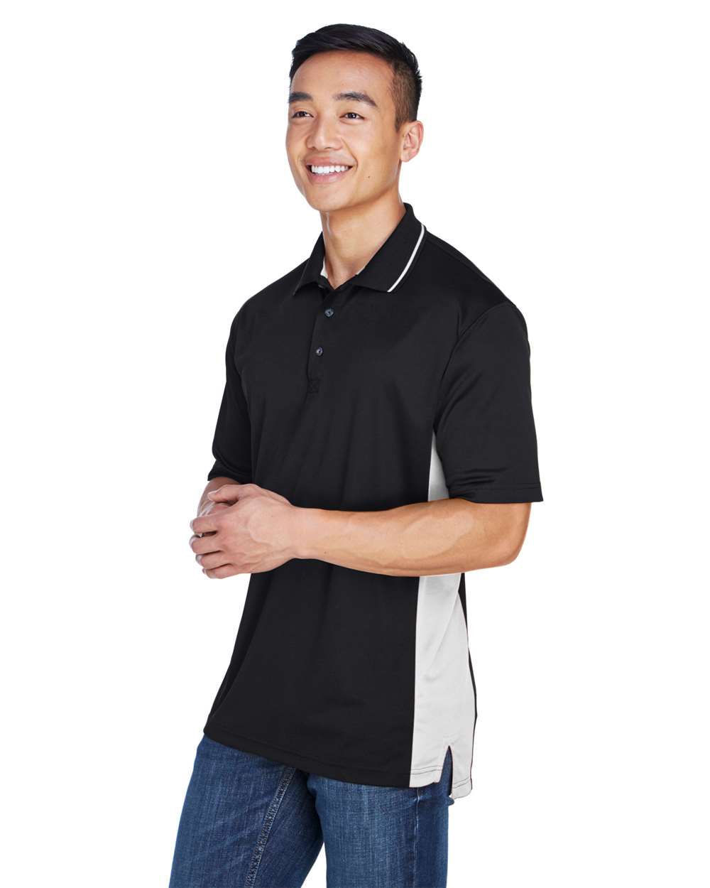 Men's Cool & Dry Sport Two-Tone Polo - OnModelSide - B901E1103 - Black/ Stone