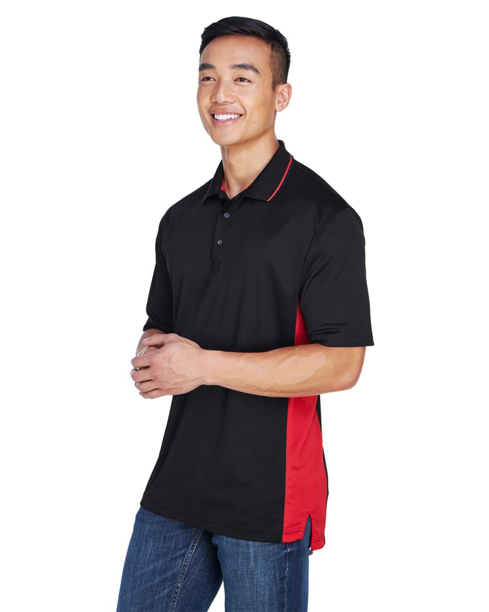 Men's Cool & Dry Sport Two-Tone Polo - OnModelSide - B901E1703 - Black/ Red