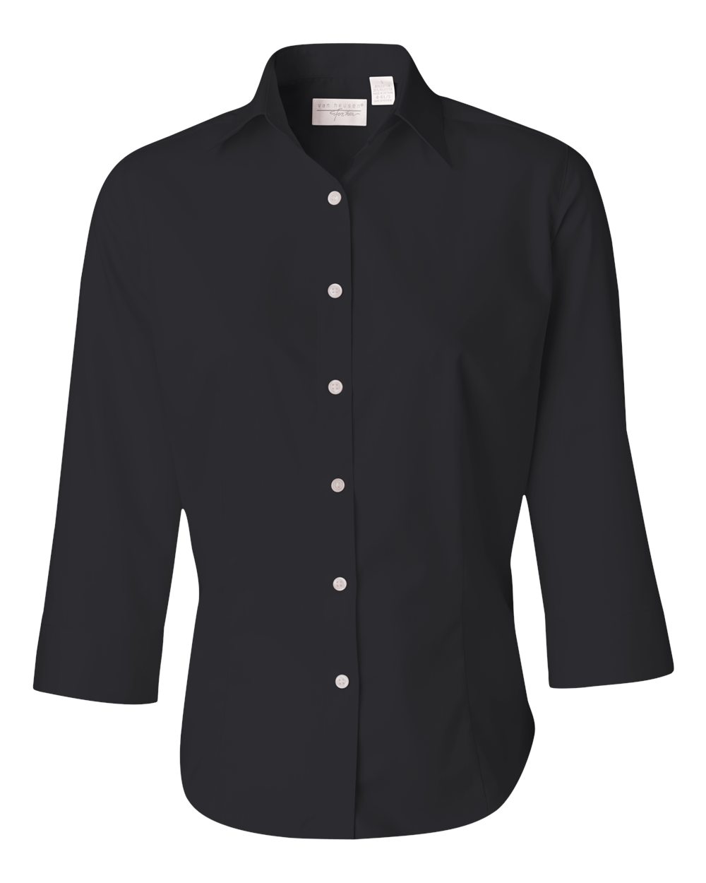 Women's Three-Quarter Sleeve Baby Twill Shirt - Front - B49597503 - Black