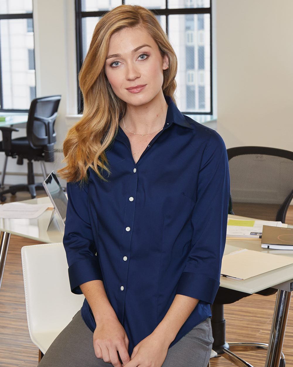 Women's Three-Quarter Sleeve Baby Twill Shirt - styleImage