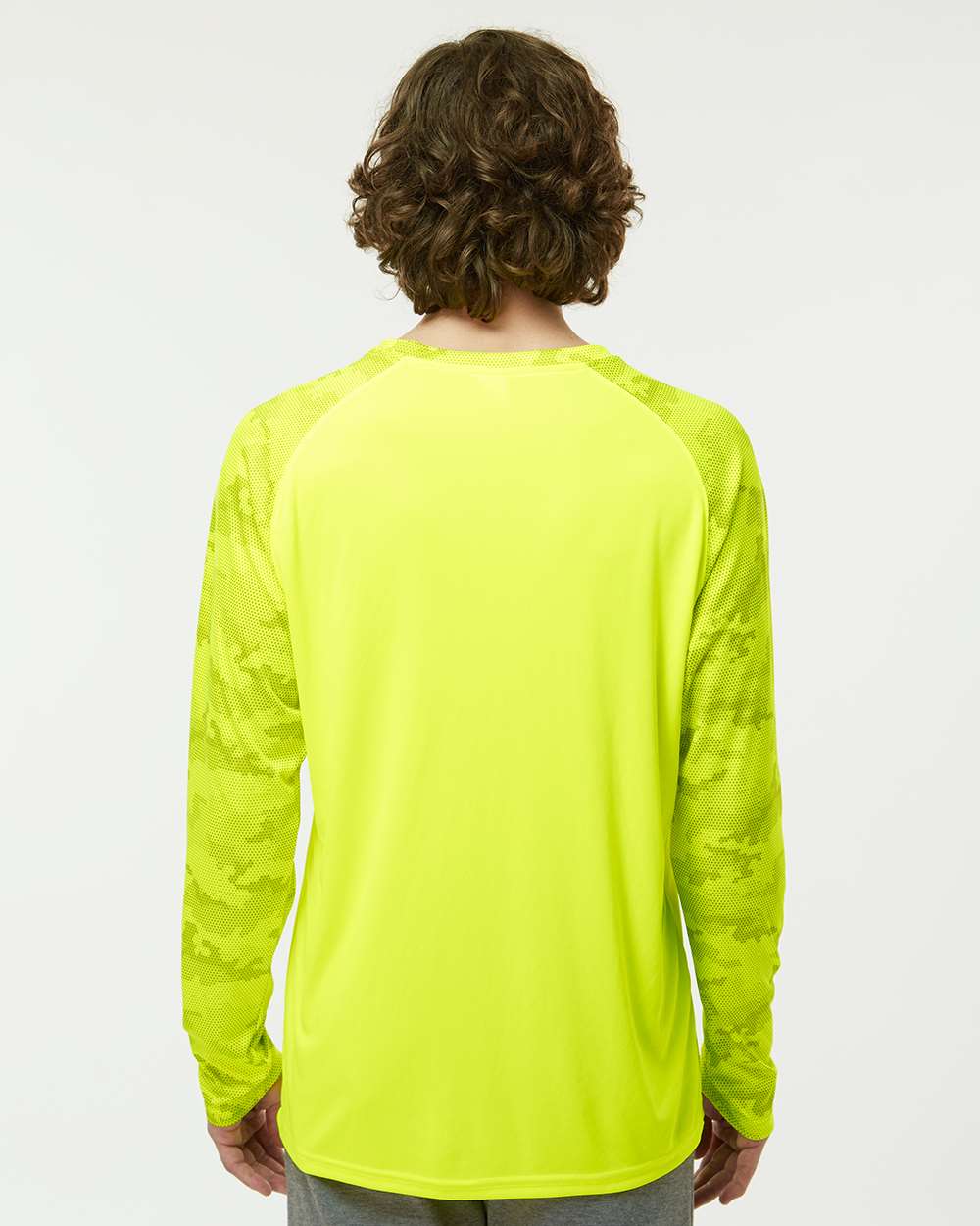 Unisex Cayman Performance Camo Colorblocked Long Sleeve T-Shirt - OnModelBack - B10371162 - Safety Green