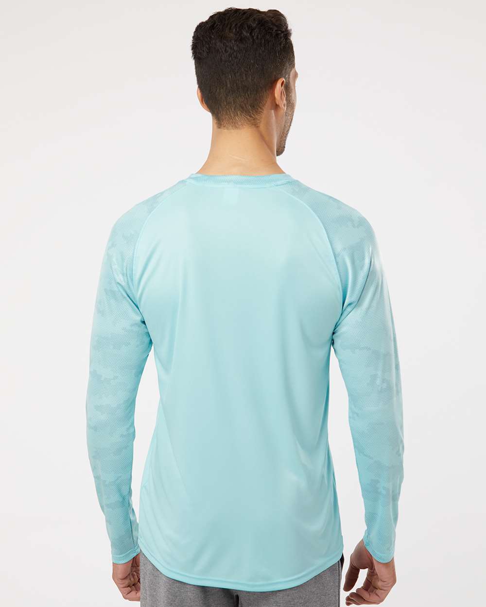 Unisex Cayman Performance Camo Colorblocked Long Sleeve T-Shirt - OnModelBack - B10371172 - Aqua Blue
