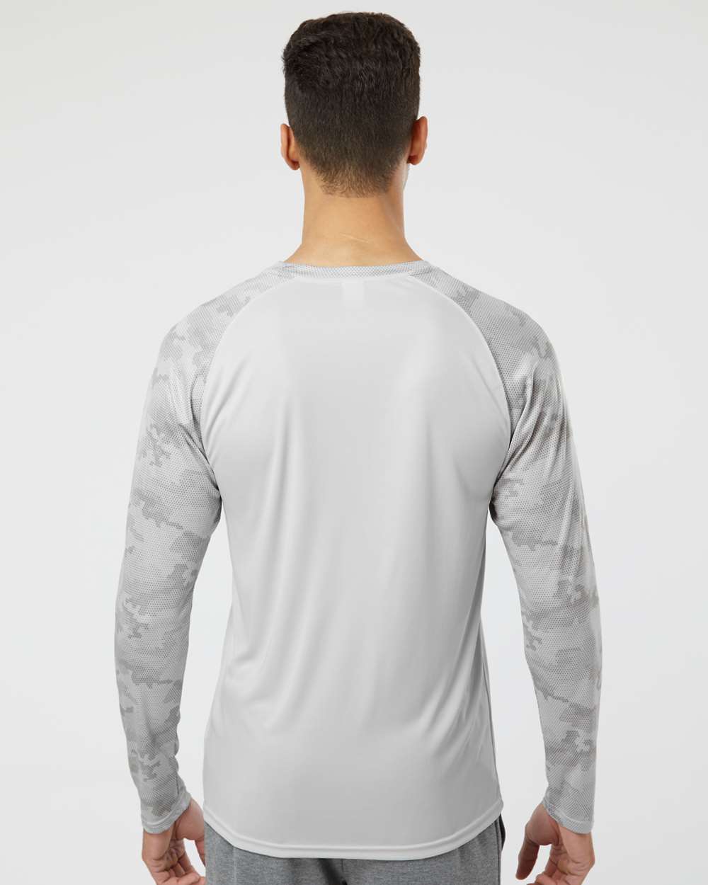 Unisex Cayman Performance Camo Colorblocked Long Sleeve T-Shirt - OnModelBack - B10371352 - Aluminum