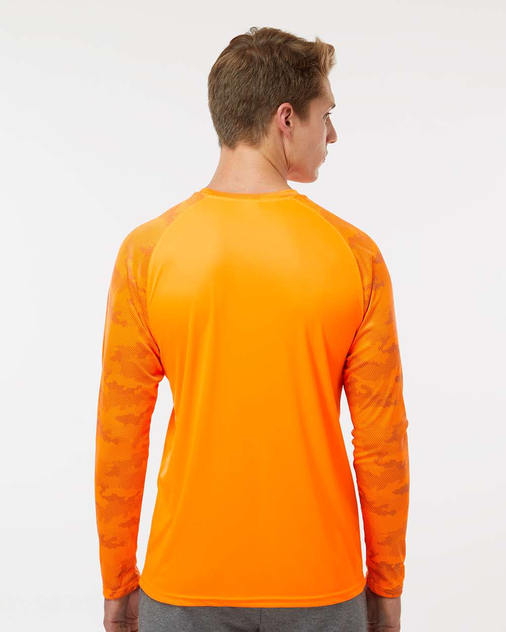 Unisex Cayman Performance Camo Colorblocked Long Sleeve T-Shirt - OnModelBack - B10371662 - Neon Orange