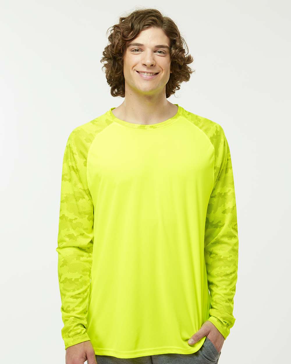 Unisex Cayman Performance Camo Colorblocked Long Sleeve T-Shirt - OnModelFront - B10371162 - Safety Green