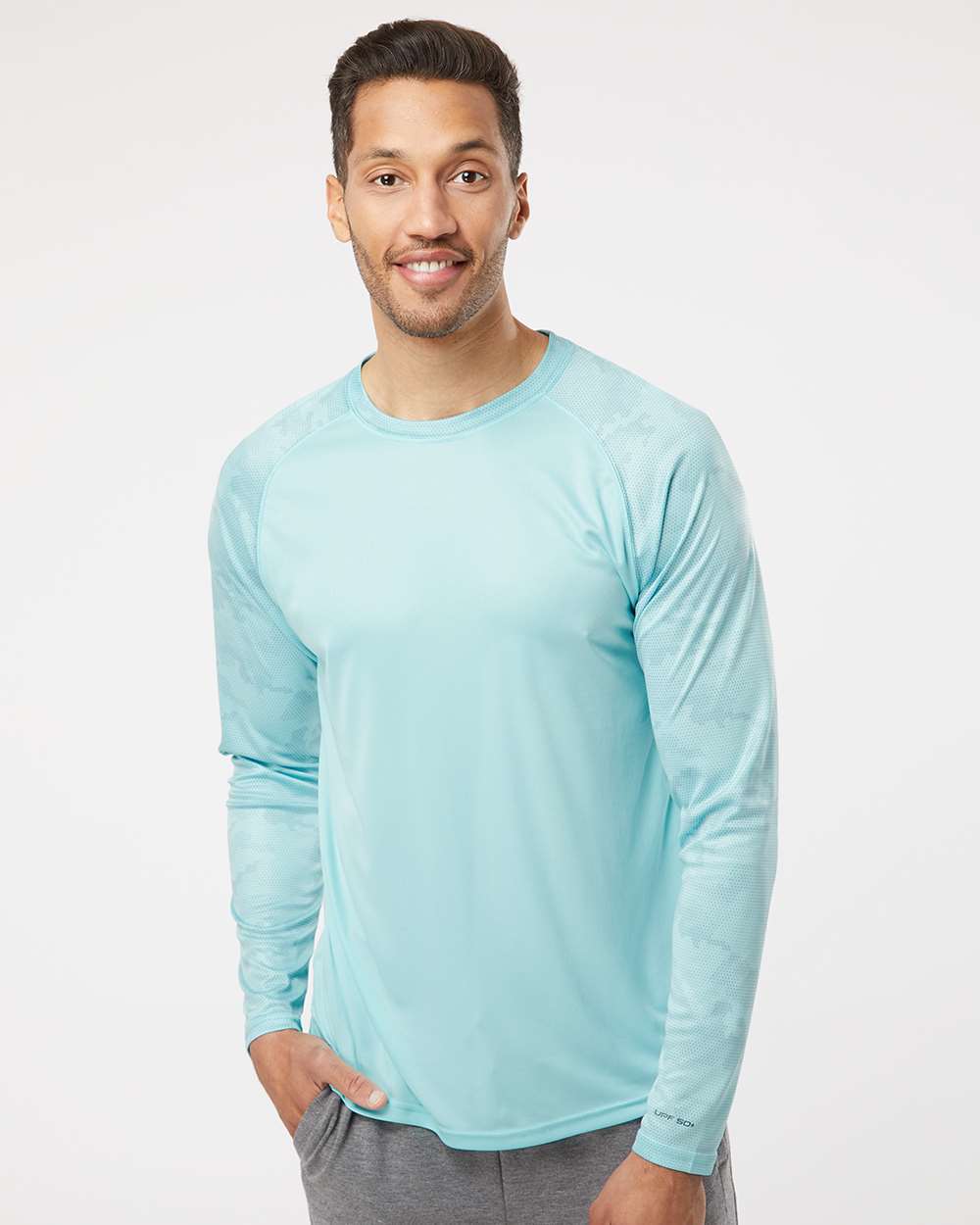 Unisex Cayman Performance Camo Colorblocked Long Sleeve T-Shirt - OnModelFront - B10371172 - Aqua Blue