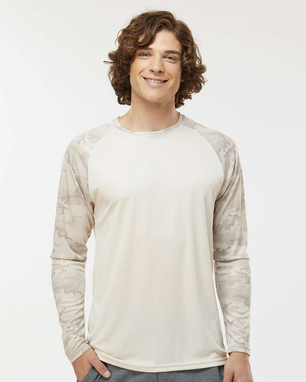 Unisex Cayman Performance Camo Colorblocked Long Sleeve T-Shirt - OnModelFront - B10371242 - Sand
