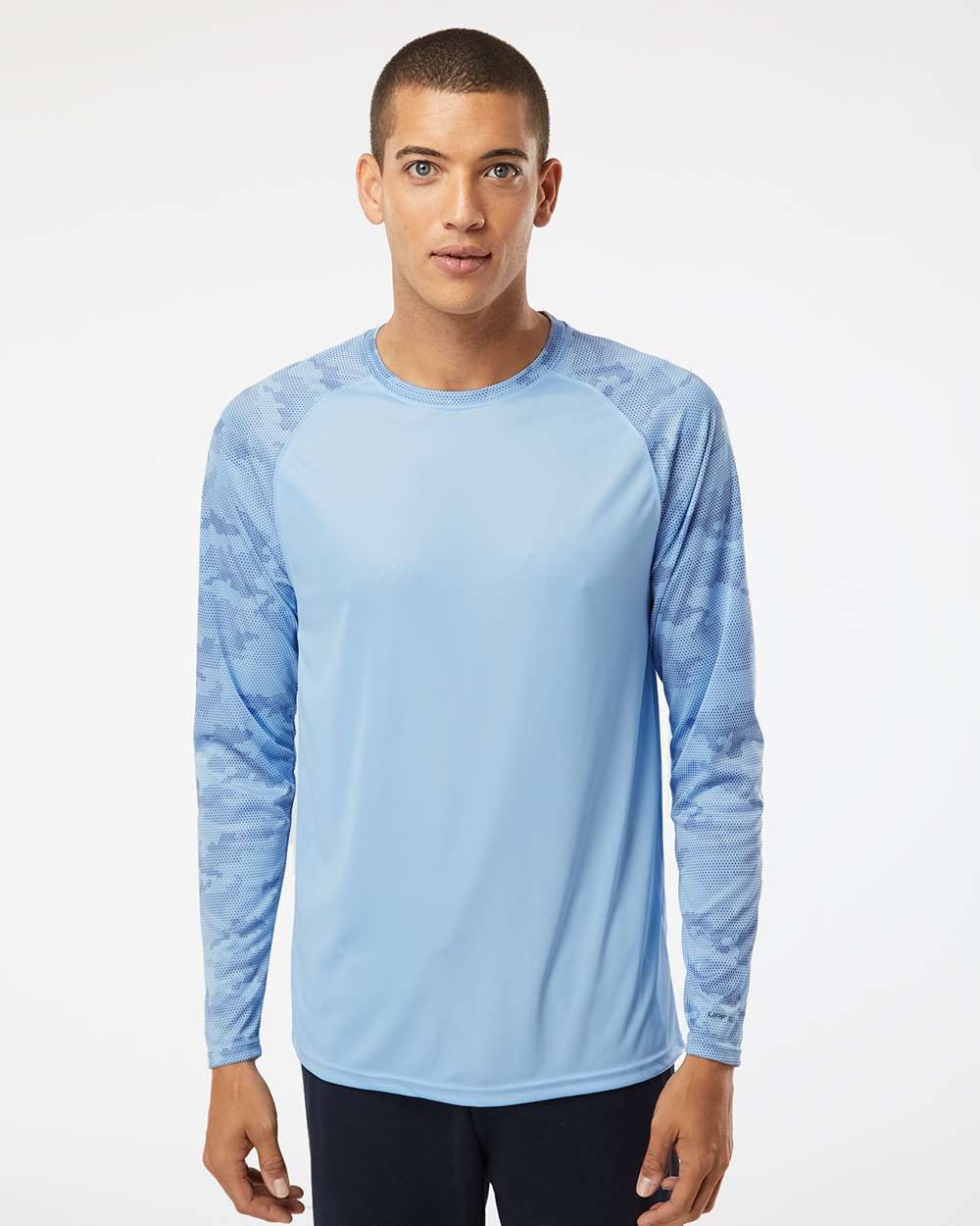 Unisex Cayman Performance Camo Colorblocked Long Sleeve T-Shirt - OnModelFront - B10371262 - Blue Mist