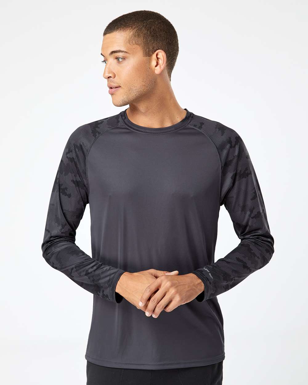 Unisex Cayman Performance Camo Colorblocked Long Sleeve T-Shirt - OnModelFront - B10371582 - Graphite