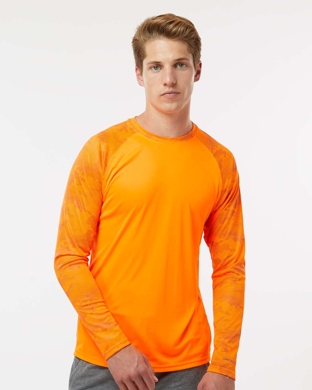 Unisex Cayman Performance Camo Colorblocked Long Sleeve T-Shirt - OnModelFront - B10371662 - Neon Orange