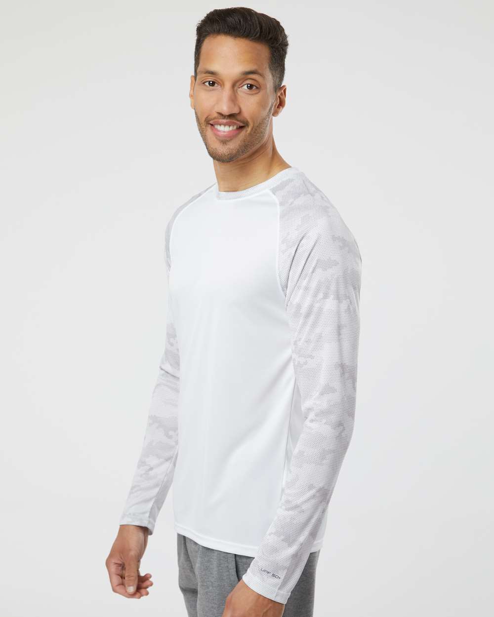 Unisex Cayman Performance Camo Colorblocked Long Sleeve T-Shirt - OnModelSide - B10371002 - White