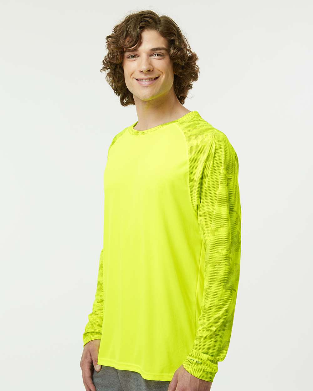Unisex Cayman Performance Camo Colorblocked Long Sleeve T-Shirt - OnModelSide - B10371162 - Safety Green